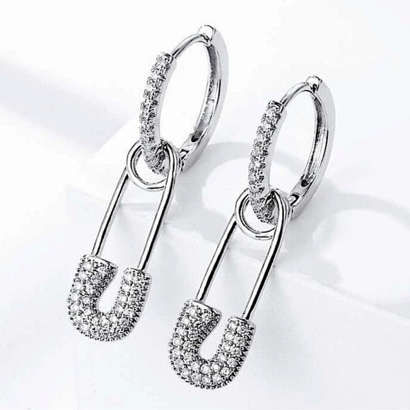 Safety Pin Zircon Earrings - Picture 1 of 2